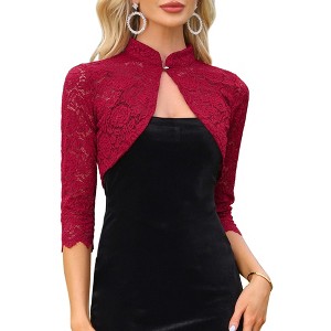 Allegra K Women Sheer Floral Lace Elegant 3/4 Sleeve Bolero Shrug Cardigan Top - 1 of 4