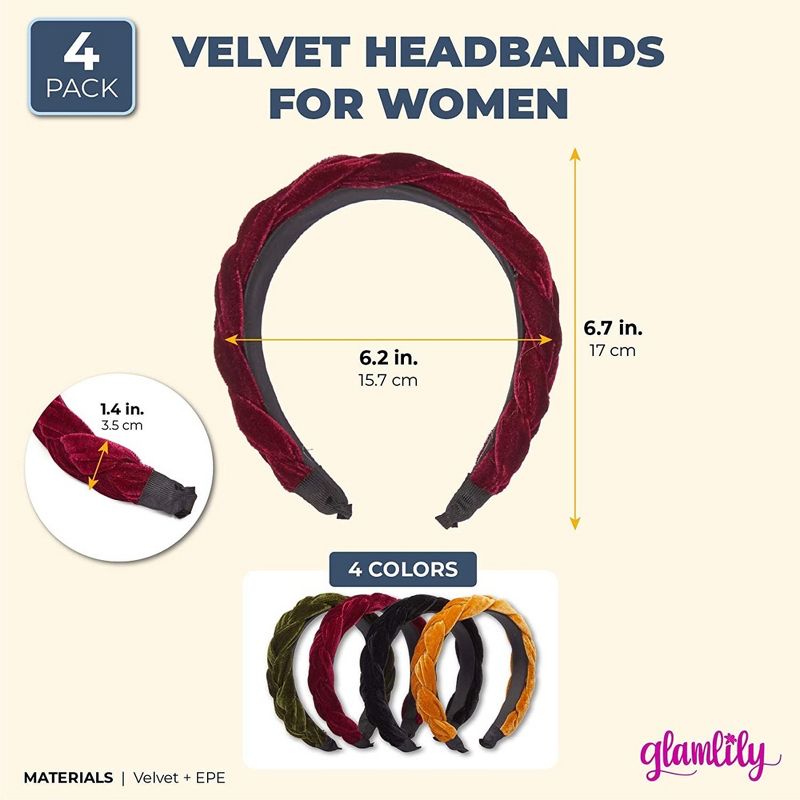 Glamlily 4 Pack Velvet Braided Headbands for Women, Wide, Non-Slip Padded Hair Accessories (4 Colors), 2 of 11