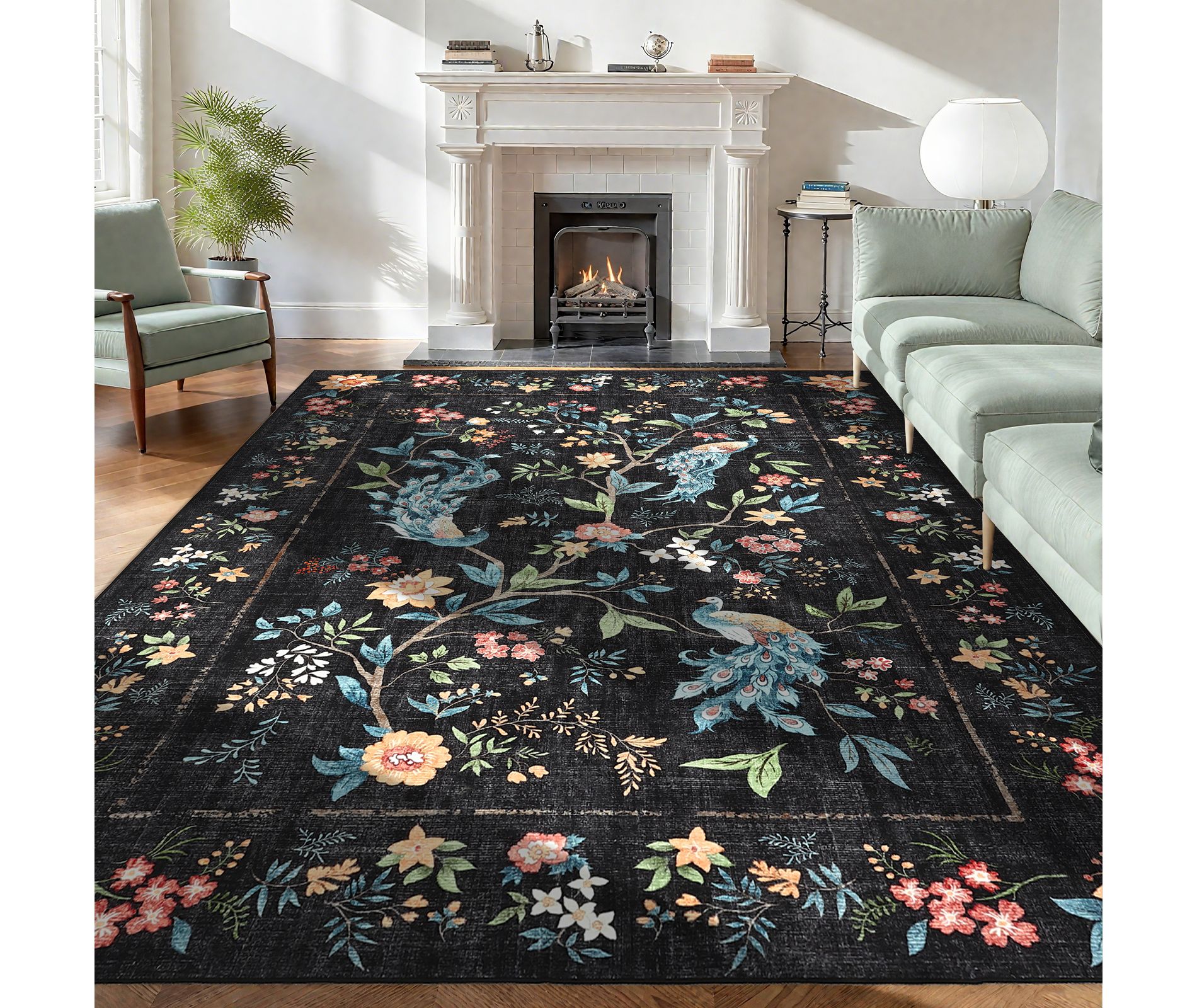 Large Dining Room Rugs 8x10 Farmhouse Floral Peacock Indoor Accent Rug, Non-Slip Foldable Bedroom Carpet, Non-Shedding Low Pile Floor Mat