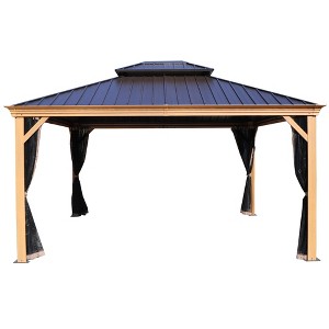 Kozyard Apollo Hardtop Gazebo Wooden Coated Aluminum Frame Canopy with Netting Galvanized Steel Double Roof for Patio Deck Lawn - 1 of 4