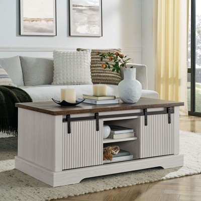 NicBex Rectangular Industrial Design Coffee Table with Storage Shelves,Farmhouse Storage Center Table for Living Room,Apartment,Brown