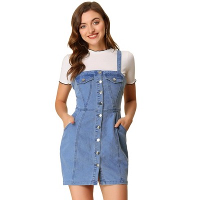 Allegra K Women's Button Front Classic Adjustable Strap Overall Denim Mini Dress