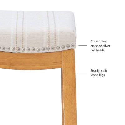 Natural Wood Backless Saddle Counter Stool with Striped Linen Seat