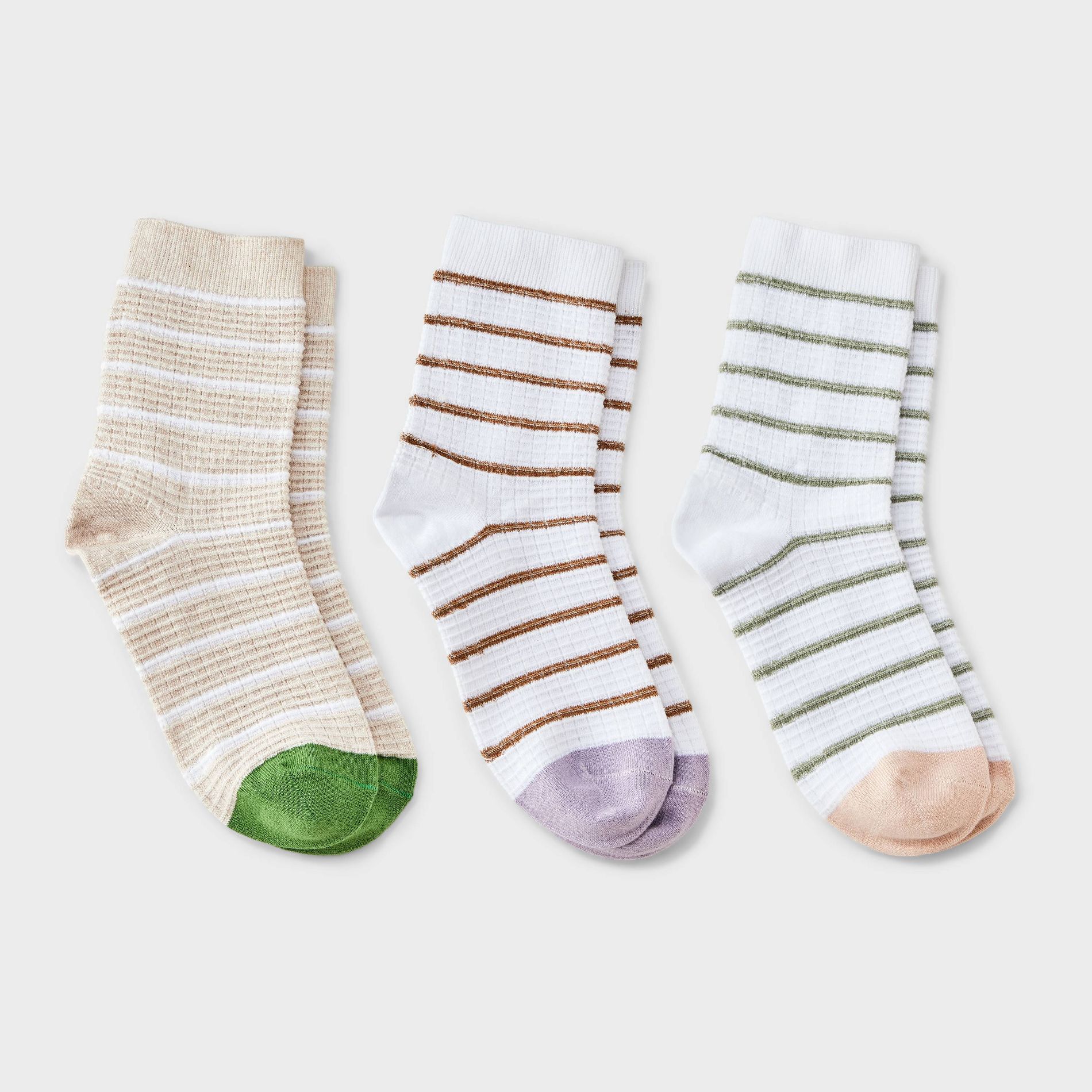 Women's 2pk Waffle Stripes Textured Mid Crew Socks - Auden™ - Oatmeal