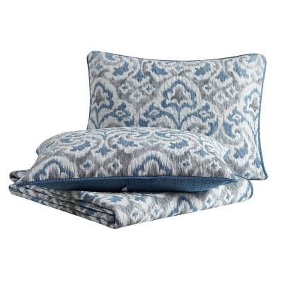 Full Blue Cotton Reversible Quilt Set