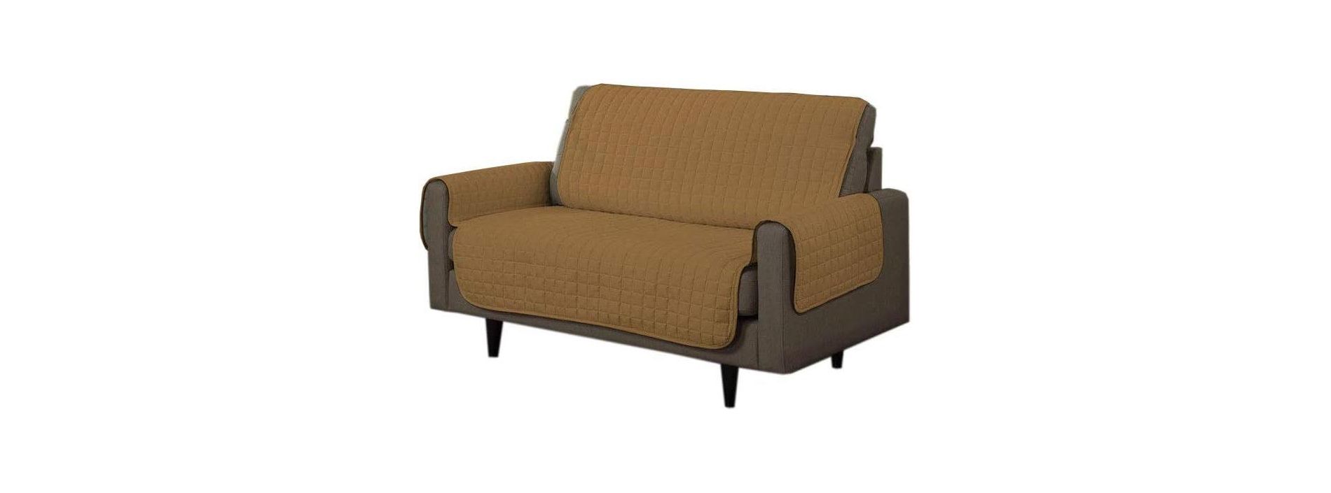 Linen Store 88" x 77" Quilted Microsuede Loveseat Cover Soft, Cozy Furniture Protector with Tucks Flaps Camel