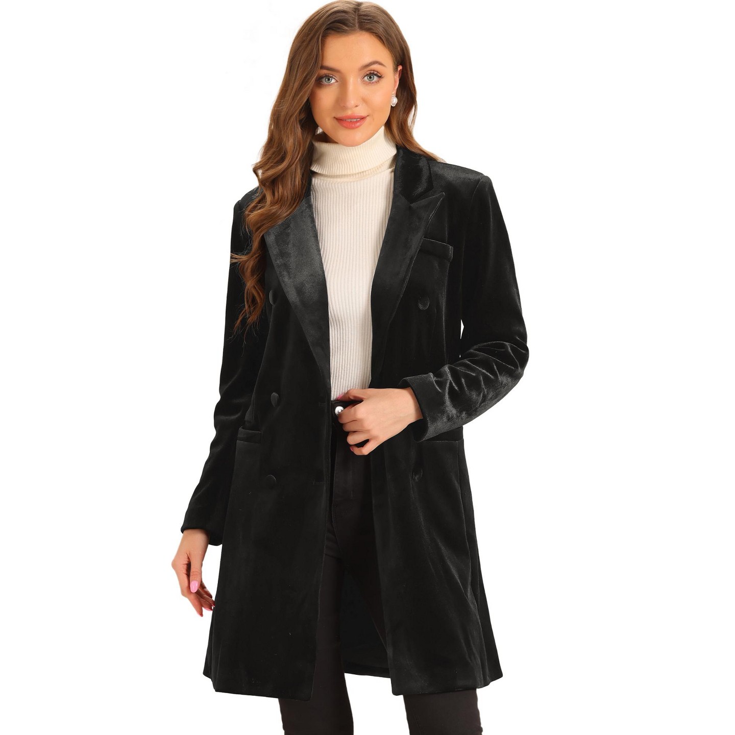 Женские куртки Allegra K Velvet Lapel Double Breasted Long Outerwear Winter Coats Medium Black, цвет: Чёрный — фото 1