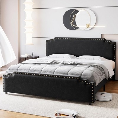 Whizmax Bed Frame, Velvet Upholstered Platform Bed Frame and Headboard with Rivet Decor, Strong Wood Slat Support, Easy Assembly