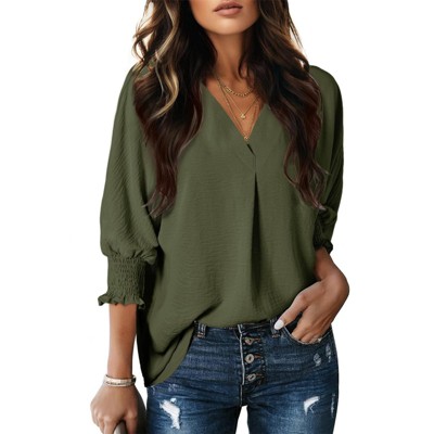thumbnail image 2 of Aifer Women's Casual V Neck Chiffon Blouses Pleated Lantern Long... 2 of 14