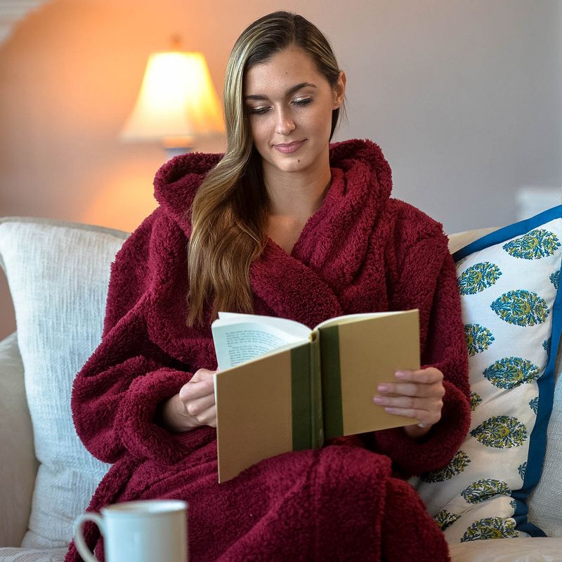 Women's Fuzzy Plush Fleece Bathrobe with Hood, Soft Warm Hooded Lounge Robe, 5 of 8