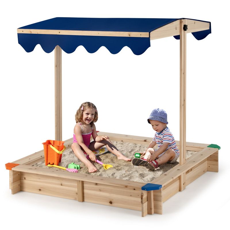 Costway Kids Wooden Sandbox with Height Adjustable & Rotatable Canopy Outdoor Playset, 1 of 11