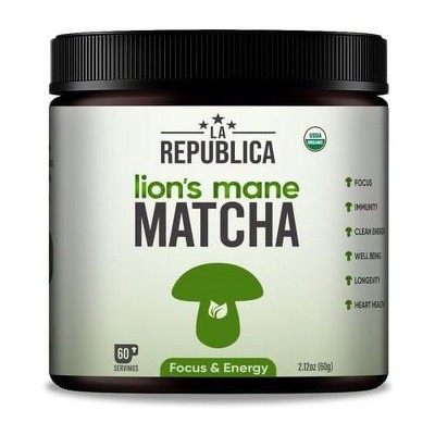 La Republica Lion's Mane Matcha Powder, USDA Organic Japanese Green Tea & Lion's Mane Mushroom Extract, Supports Mental Clarity - 60 Servings