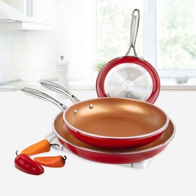 Gotham Steel Red Nonstick Ceramic Fry Pan Set, 8'', 10'' & 12''