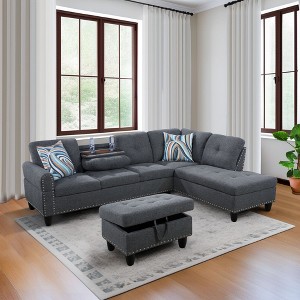 3-Piece L-Shaped Combination Sofa Set in Grey Linen for Living Room - 1 of 2
