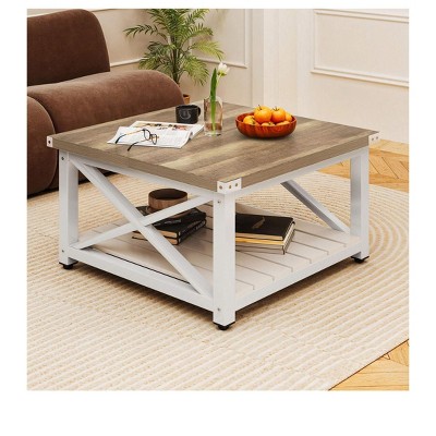 Coffee Table For Living Room,Square Wood Farmhouse Coffee Table With Storage,Rustic Coffee Table,Vintage Center Table For Living Room With Shelf