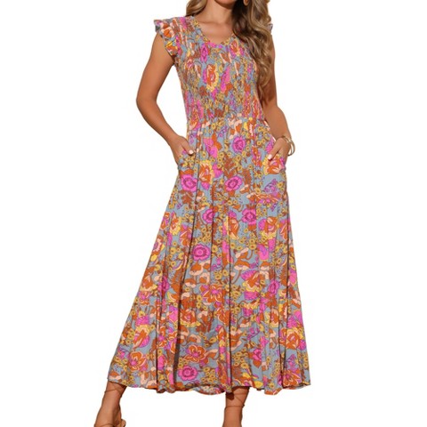 Женские платья INSPIRE CHIC Women's Summer V Neck Ruffle Flutter Sleeve Smocked Tiered Beach Flowy Boho Maxi Dress Grey Green Small