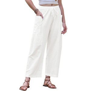 INSPIRE CHIC Women's Wide Summer Casual Elastic Waist Drawstring Cotton Trousers with Pockets - 1 of 4