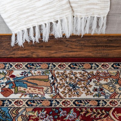 Burgundy and Tan Floral Synthetic Runner Rug