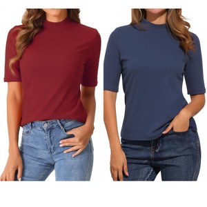 INSPIRE CHIC Women's Half Sleeve Casual Turtleneck Solid Elastic Soft T-Shirts 2 Packs - 1 of 4
