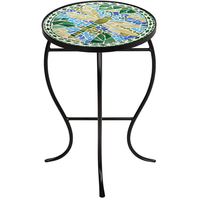 Teal Island Designs Black Round Outdoor Accent Side Tables 14" Wide Set of 2 Green Dragonfly Tabletop for Front Porch Patio Home House, 5 of 8