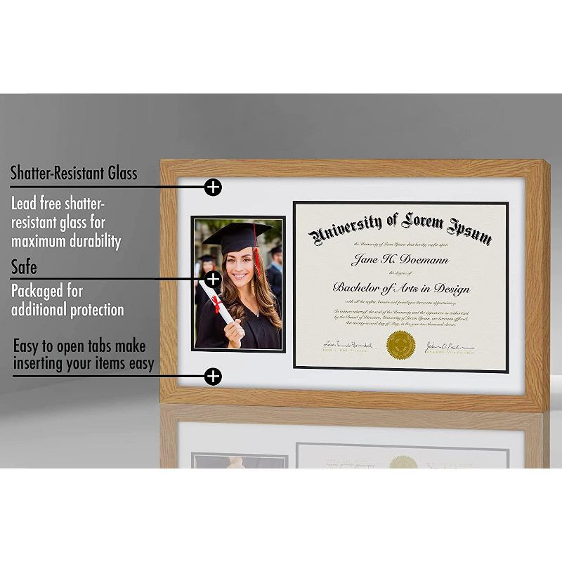 Americanflat 11x18 Oak Graduation Frame | 2 Opening Mat Displays 5"x7" Photo and 8.5"x11" Diploma. Tempered Shatter-Resistant Glass, 4 of 5