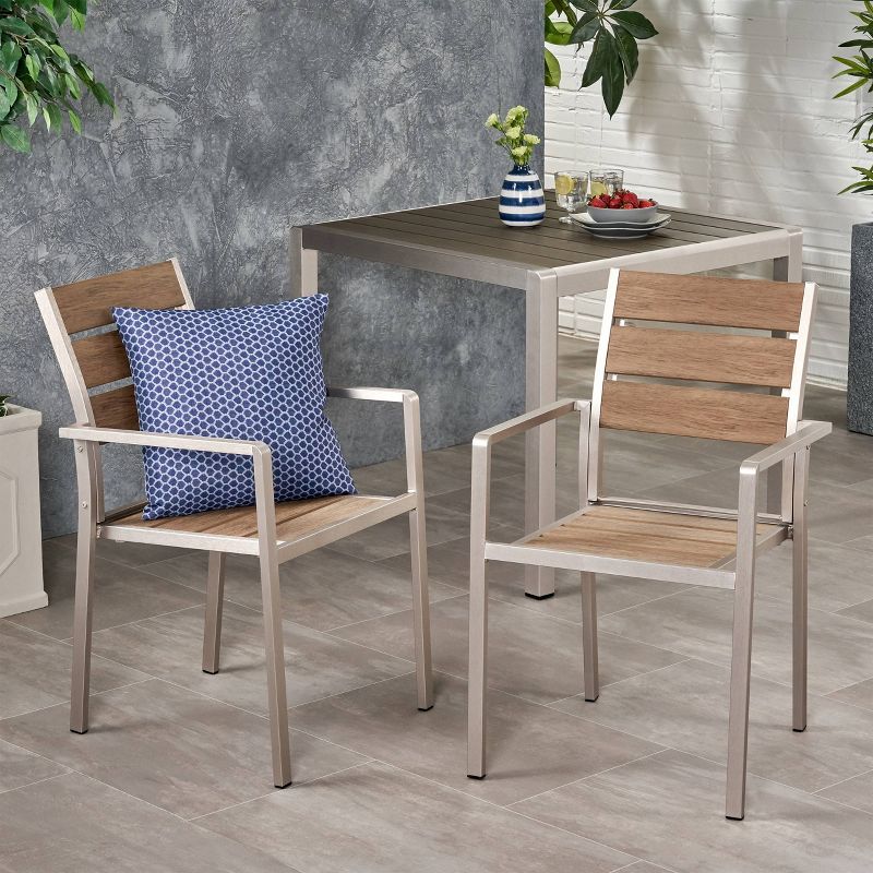 Cape Coral 2pk Aluminum Dining Chair with Faux Wood Seat - Silver/Natural - Christopher Knight Home, 3 of 7