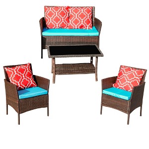 DOMETOUR Four-Piece Sofa Set Table With Sofa Chair PE Rattan Outdoor Furniture HY4-001 Box *1 With Sapphire Blue Color Cushion - 1 of 4