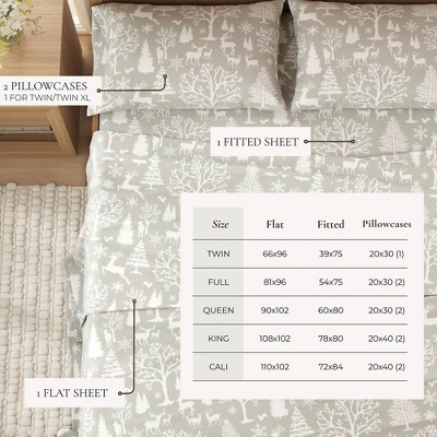Queen Grey Cotton Flannel Sheet Set with Enchanted Woods Print
