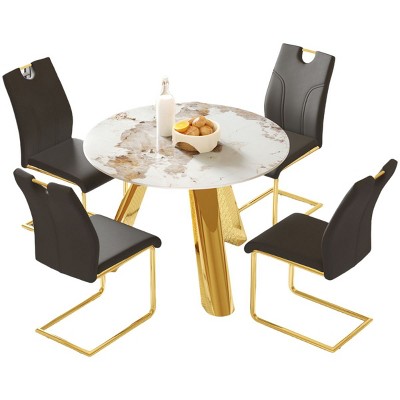 Infurnic Dining Sets Round Table Paired with Four Uniquely designed White Dining Chairs With Golden Metal Leg , Black, 42"*42"*29.5"