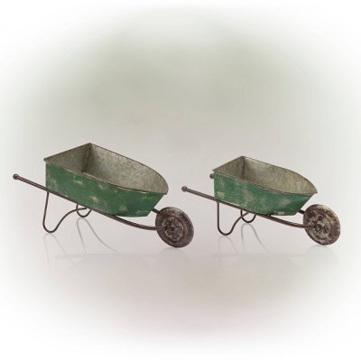 Alpine 2pk Rustic Iron Wheelbarrow Garden Novelty Planter Green