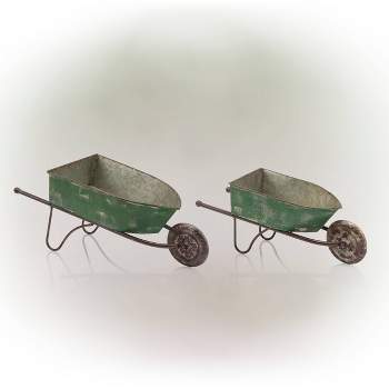 2pk Rustic Iron Wheelbarrow Garden Novelty Planter Green - Alpine Corporation