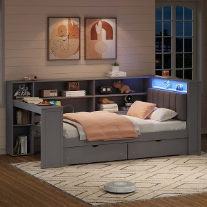 Whisen Twin Size Platform Bed with Storage Shelves, Drawers, Charging Station, LED, Desk and Headboard - 1 of 4