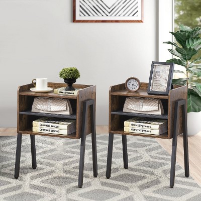 VECELO 1/2PCS Stackable Nightstand Industrial Side End Table Accent Furniture with 2-Tier Open Storage Shelf Retro Brown/Gray