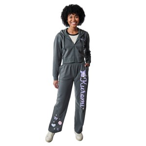 Kuromi Hearts & Bows Women's 2-Pack Charcoal Long Sleeve Crop Hoodie & Joggers Combo Set - 1 of 4