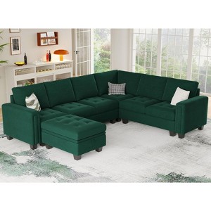 Belffin Modular Velvet Tufted L Shaped Sofa Couch with Storage Ottoman 7-Seater - 1 of 4