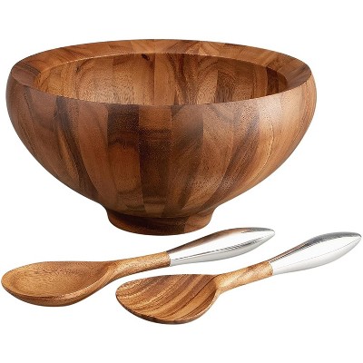 Nambe Yaro Acacia Wood Salad Bowl w/ Alloy Handle Servers,Bowl: 14"D X 7" H; 4 QT Servers: 13" L, Natural Acacia