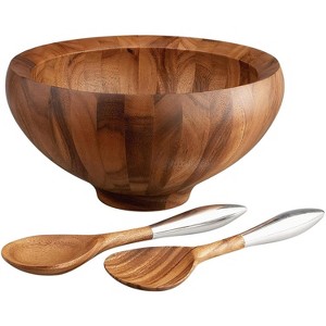 Nambe Yaro Acacia Wood Salad Bowl w/ Alloy Handle Servers,Bowl: 14"D X 7" H; 4 QT Servers: 13" L, Natural Acacia - 1 of 3