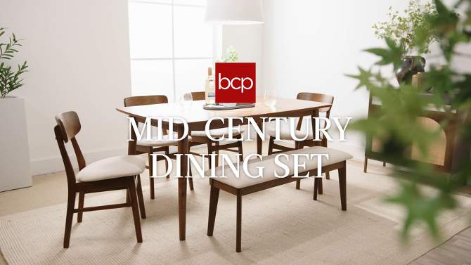 Best Choice Products 6-Piece Mid-Century Modern Dining Set,  Upholstered Wooden Table & Chair Set w/ 4 Chairs, Bench, 2 of 9, play video