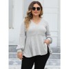 Plus Size Women's V Neck Ribbed T-Shirt Fluffy Fleece Puff Sleeve Casual Loose Fit Blouse Tunic Top - 3 of 4