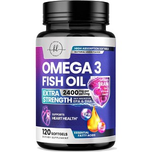 Omega 3 Fish Oil Triple Strength 2400 mg Rapid Release Softgels, Omega-3 Supplements, Natural Heart Health Brain & Joint Support - 120 Softgels - 1 of 4
