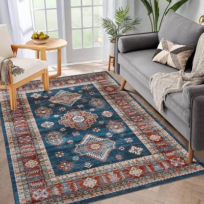 Acekool Boho Vintage Medallion Area Rug Collection, Washable Foldable Low Pile Non Slip Chenille TPR Backing, Red Blue Beige Gray