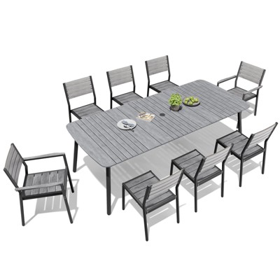 Crestlive Products 7pc Aluminum Patio Dinning Set 70.9in Table and 6 Chairs Plastic Wood Top with Umbrella Hole for Outdoor Pool Lawn