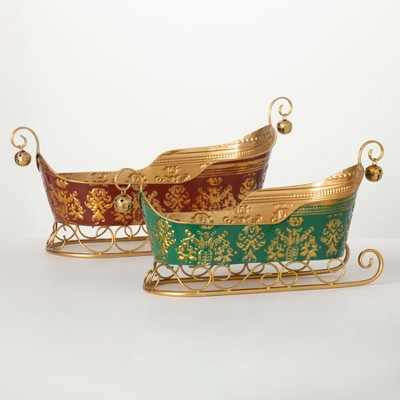19.5"L & 23"L Sullivans Christmas Regal Metal Sleigh Containers Set of 2 Red-Gold Indoor Christmas Decor