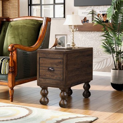 CENGHU 23.6" Rectangle Coffee Table, Narrow Side Table with Drawer, Solid Wood End Table, Vintage Bedside Table Nightstand for Living Room, Bedroom
