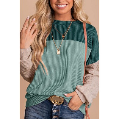 Khaki Color Block Long Sleeve Ribbed Loose Top