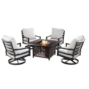 5pc Outdoor Dining Set with 42" Aluminum Square Damask Design Fire Table & Deep Seating Swivel Rocking Chairs - Oakland Living - 1 of 4