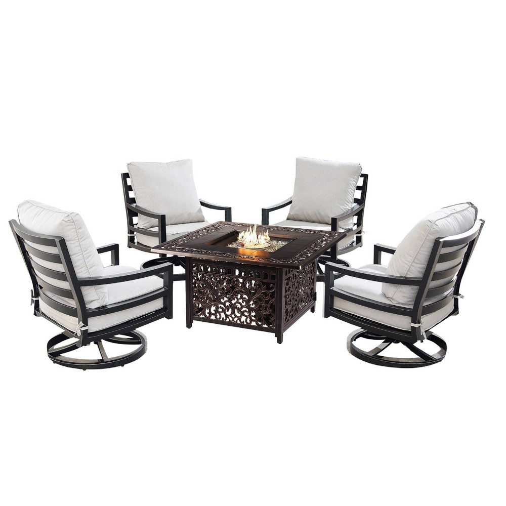 5pc Outdoor Dining Set with 42"" Aluminum Square Damask Design Fire Table & Deep Seating Swivel Rocking Chairs - Oakland Living -  85307850
