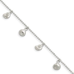 Black Bow Jewelry Sterling Silver 1.5mm Bead Chain And Sea Shell Charm Anklet, 9-10 Inch - 1 of 3