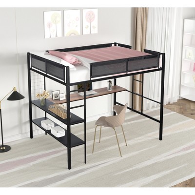 ALEXOUN Metal Full Size Loft Bed with Desk and Shelves & Noise-Free Wood Slats,Comfortable Fabric Rails,2 Tier Shelves and Side Steps and Mesh Panels