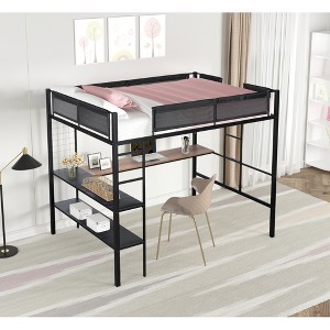 ALEXOUN Metal Full Size Loft Bed with Desk and Shelves & Noise-Free Wood Slats,Comfortable Fabric Rails,2 Tier Shelves and Side Steps and Mesh Panels - 1 of 4